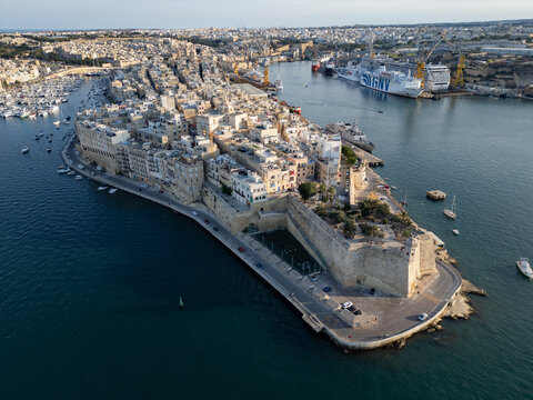Fort St. Angelo, Birgu, Malta - aerial drone view
