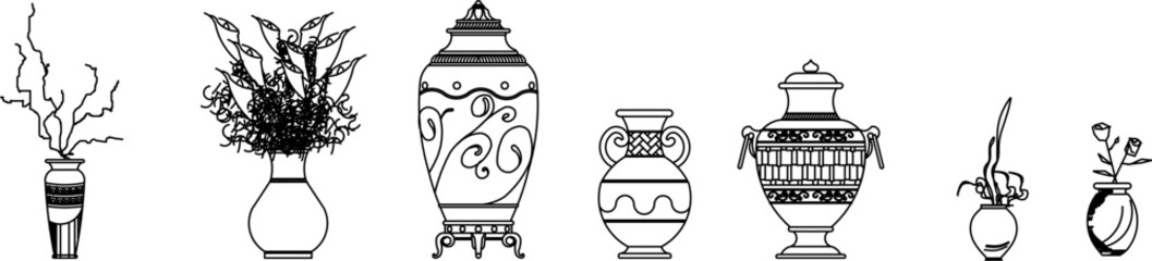 Assorted decorative vases with floral arrangements and ornamental designs — ideal for interior visualization, home decor concepts, or minimalist graphic design projects.