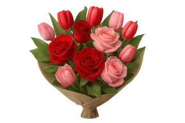 Fototapeta premium Romantic bouquet with red roses and pink tulips, celebrating love, gifting, and anniversary on transparent background