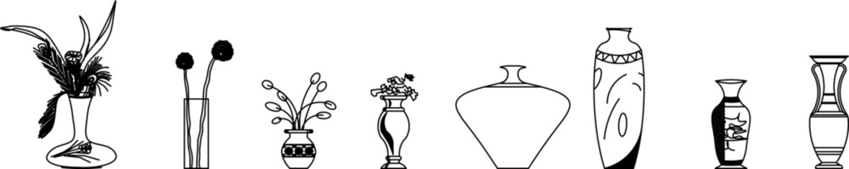 Elegant line-drawn vases and floral arrangements — ideal for interior design, decoration mockups, or graphic projects featuring minimalist home decor elements.
