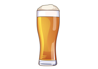 Tall glass filled with golden lager beer and frothy head illustration on white. Beverage concept