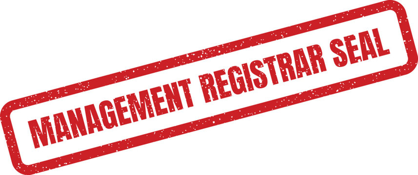 Grungy red rubber stamp displaying official management registrar seal text with distressed texture
