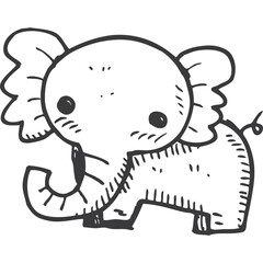 Cute Hand Drawn Baby Elephant Outline Illustration with Big Ears and Curly Trunk on Transparent Background