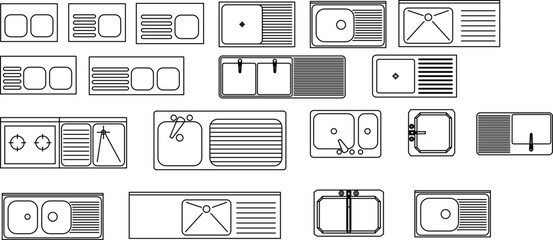 A collection of black and white line art illustrations of various kitchen and utility sinks, shown from a top-down view.