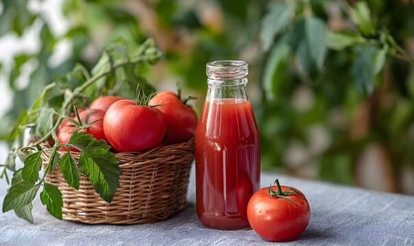 A lot of red ripe tomatoes and a bottle of tomato juice stand in a wicker basket and on a light table in the garden