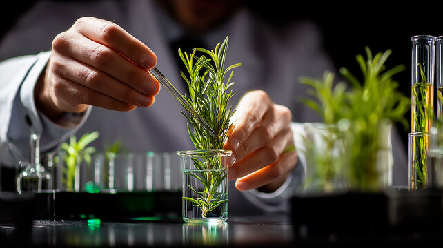 Scientist handling rosemary sprig in beaker demonstrating botanical extraction and phytochemistry for natural fragrance flavor and therapeutic research.
 - Powered by Adobe