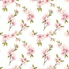 Obraz premium Watercolor Cherry Blossom Seamless Pattern on White Background.
