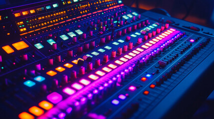 Professional audio mixing console in white gold and silver tones illuminated by vibrant LED lights symbolizing precision creativity and innovation representing modern sound engineering and music produ