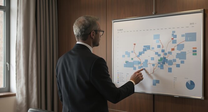 Business professional pointing at a complex flowchart on a presentation board