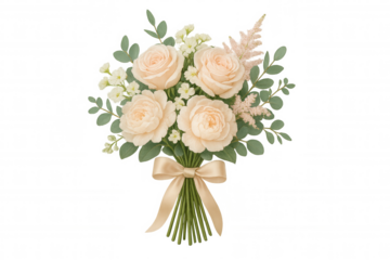Wedding bridal bouquet arranging blush pink roses with eucalyptus leaves and golden ribbon, transparent background