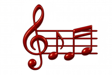 Red glossy 3d musical notes and treble clef composing a melody on a staff, on transparent background