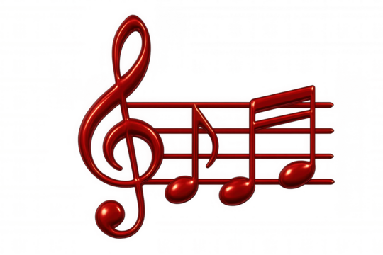 Red glossy 3d musical notes and treble clef composing a melody on a staff, on transparent background