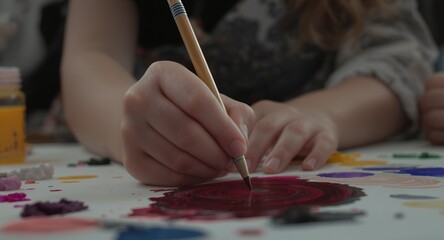 Naklejka premium Close-up of hands painting with a brush on paper, creating a colorful abstract design with swirling patterns