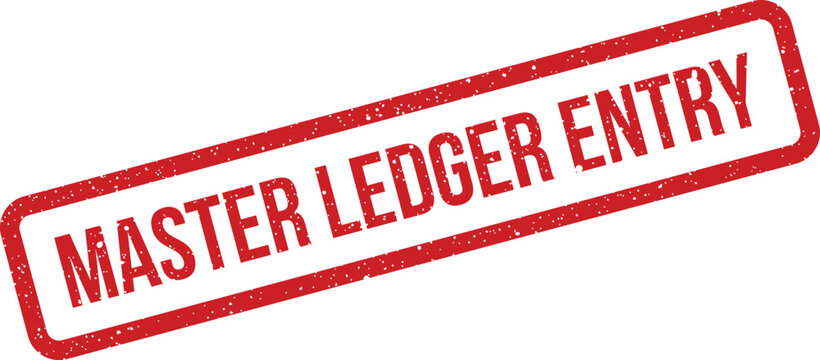 Official red grunge rubber stamp with textured effect displaying MASTER LEDGER ENTRY for financial records