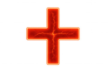 Obraz premium Plus sign symbol displaying a vibrant red hot cracked lava texture with a luminous orange outer glow