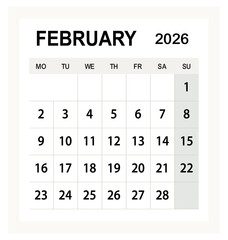 Modern February 2026 calendar page design, minimalist monthly planner vector template for printable office schedule and corporate organization use