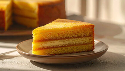 Multi-Layer Yellow Cake Slice with Cream Filling for Culinary Branding and Editorial Use  