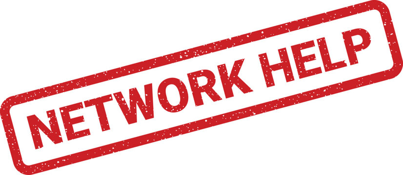 Rectangular grunge rubber stamp with textured lettering indicating assistance is available for networking issues