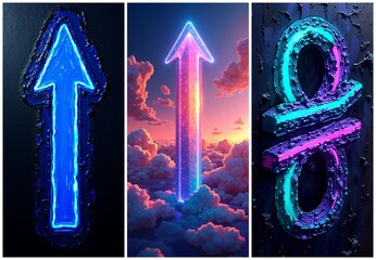 Three vibrant, glowing neon symbols against dark backgrounds. The first is an arrow, the second an arrow over clouds, the third is a percentage sign. These symbols create vibrant light displays.