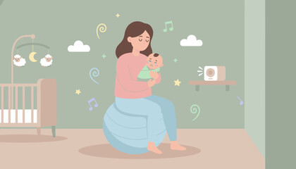 Mom rocking crying baby on exercise ball in calm nursery Soothing parenting lifestyle