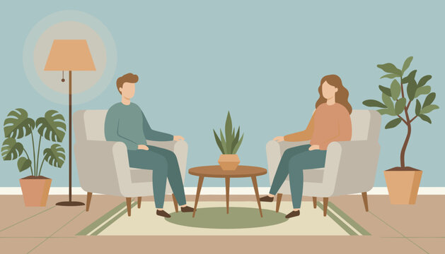 Two people sitting and talking in a calm supportive room Therapy counseling discussion