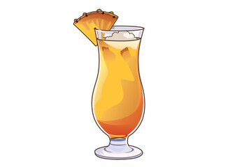 Illustrative tropical cocktail with pineapple garnish on a tall glass isolated on a white backdrop. Beverage concept