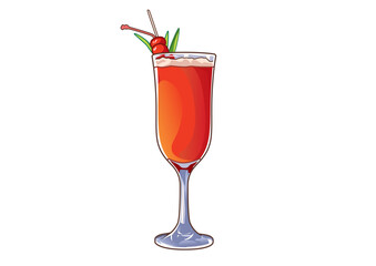 Illustrative cocktail in a tall glass with a cherry and green leaf garnish isolated on a white backdrop. Beverage concept