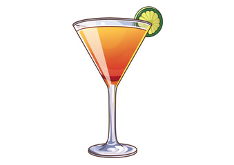Illustrative martini in a triangular glass with lime garnish isolated on a white backdrop. Beverage concept