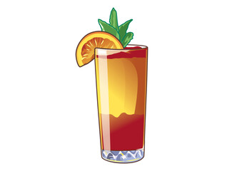Illustrative layered cocktail with a slice of orange and a green leaf garnish in a tall glass isolated on a white backdrop. Beverage concept