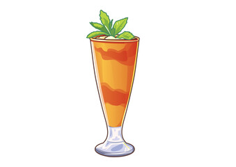Illustrative cocktail in a tall glass with a cherry and green leaf garnish isolated on a white backdrop. Beverage concept