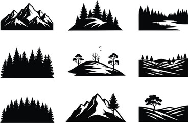 Collection of nine distinct black and white silhouette illustrations depicting various natural landscapes and wilderness scenes