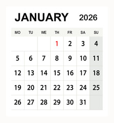 Modern minimal January 2026 calendar design template, printable monthly planner layout, clean vector page grid for business schedule or office wall calendar design