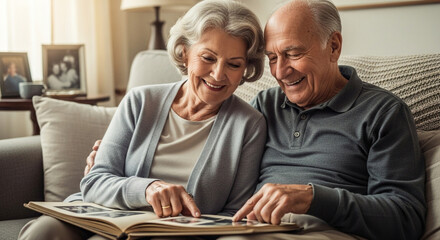 Elderly couple enjoying a nostalgic trip down memory lane as they look through an old photo album together, reliving cherished moments