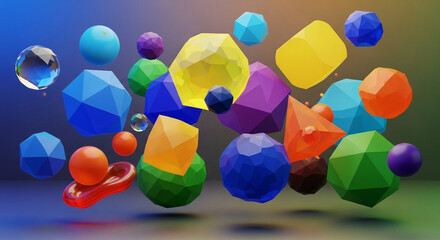 A playful 3d composition featuring a variety of colorful geometric shapes floating against a gradient background, creating a sense of depth and movement
