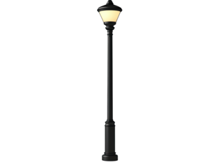 Lit lamp post with black finish, casting a warm glow in the darkness