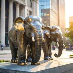 Two bronze elephant statues in a city square