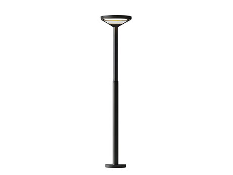 Modern, dark outdoor lamp post against a stark black backdrop