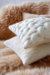 Knitted pillows creating cozy comfort on warm fur