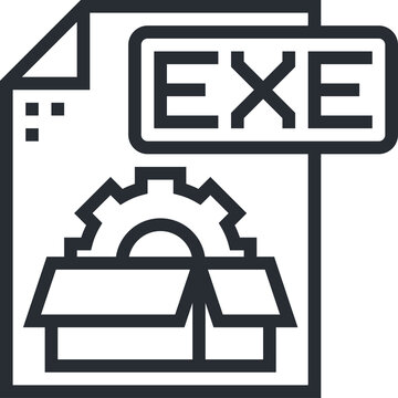 Executable File Icon With Gear and Open Box Graphic Elements Representing Software Installation Or Program Setup In Simple Line Art Style On Transparent Background