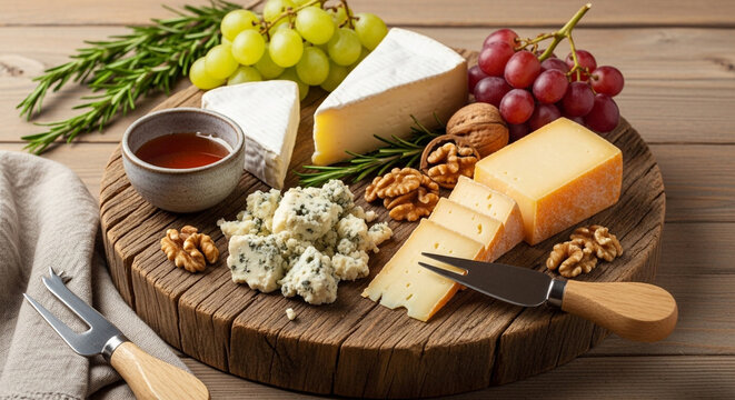 A delectable cheese board featuring a variety of cheeses, grapes, walnuts, rosemary, and honey, perfect for a sophisticated appetizer or snack