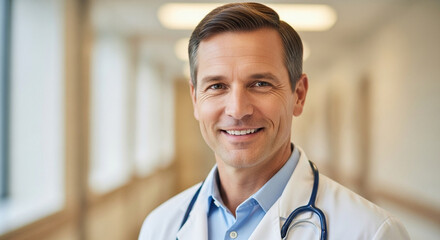 Smiling mature doctor in white coat with stethoscope around neck, looking at camera in hospital hallway, portrait of confident and successful physician
