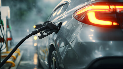 Naklejka premium Refueling a Car at a Gas Station with Sun Flare