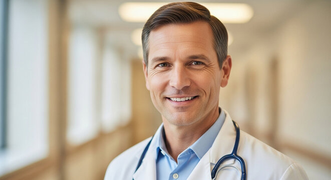 Smiling mature doctor in white coat with stethoscope around neck, looking at camera in hospital hallway, portrait of confident and successful physician - Powered by Adobe