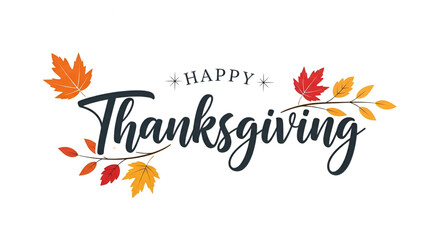 A unique and elegant graphic design with beautiful calligraphy text spelling out Happy Thanksgiving and delicate autumn leaves on branches on a clean white background for a commercial banner.
