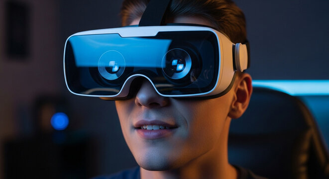 Teenage boy immersed in a virtual reality experience, wearing a vr headset and exploring digital worlds with a sense of wonder and excitement