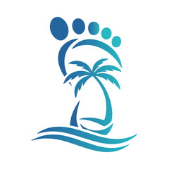 Tropical Footprint Logo Design with Palm Tree and Ocean Wave Symbolizing Beach Travel, Summer Vacation, and Eco Tourism Concept in Blue Gradient Vector Illustration.
