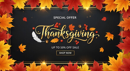 ​A luxurious and elegant Thanksgiving sale banner with a beautiful golden calligraphy text and a fifty percent discount special offer surrounded by a vibrant border of colorful autumn leaves on a dark