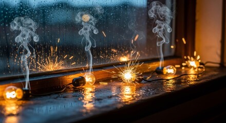 String lights sparking and smoking on a window sill as a fire hazard. Fire safety rules on winter holidays. Holiday safety concept.