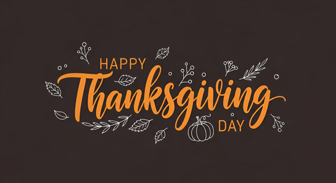 A stylish and elegant graphic design with hand drawn illustration of autumn leaves and berries surrounding beautiful orange calligraphy text for a Happy Thanksgiving Day banner on a dark background.
