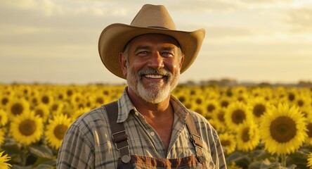 Smiling Man in Cowboy Hat in Sunflower Field at Sunset